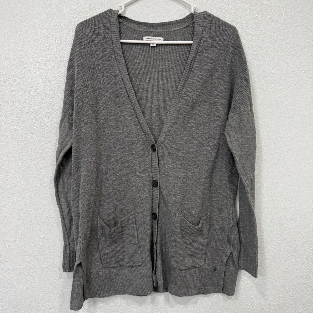 American Eagle Outfitters Gray Ribbed Cotton V-Neck Cardigan Sweater Large